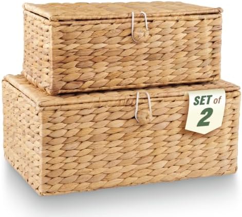 84ECO Set of 2 Wicker Baskets with Lid - Decorative Storage Boxes...
