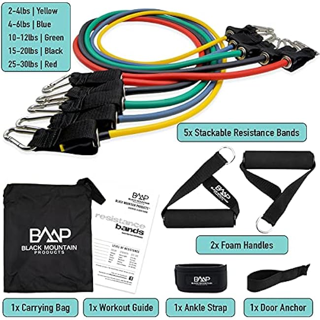 Black Mountain Products Resistance Band Set with Door Anchor, Ankle Strap, Exercise Chart, and Carrying Case, 48