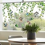 PLIGREAT 9 Blätter Hängende Grüne Rebe Fensterklammern Vögel Blumenkäfig Fensteraufkleber Selbstklebende DIY Aufkleber für Schlafzimmer Home Fenster Dekor Store Display Glastür Dekorativ