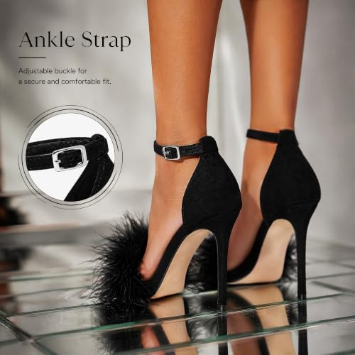 Image of Women's Sexy Heeled Sandals Fluffy Feather Open Toe Stiletto High Heels | Ankle Strap Buckle Shoes for the Bedroom Wedding Party Dance Evening Date Night Lingerie Cocktail Club Fuzzy Faux Fur