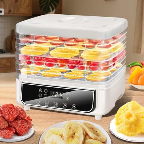 HOMCOM Dehydrator Dörrgerät Dörrautomat mit 5 Einlegefächer Dörrer mit 35-70° Temperaturregler 72 Stunden Timer 400 Watt Fleisch Gemüse Obst Trockner PP PS Weiß 29x19x21,5 cm