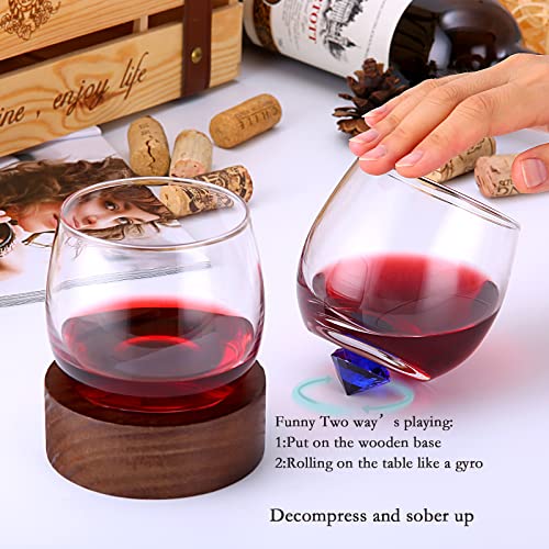 Stemless Wine Glass With Wood Base,No Spill Spinning Glass Tumbler With Sapphire Spin Gyro Axis -Hand Blown Glass For Red Or White Wine Scotch, Whiskey, Bourbon, 13Oz #TOP4