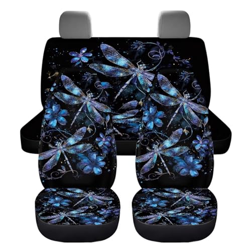 BIGCARJOB Purple Dragonfly Auto Seat Covers Full Set,2 Pcs Art Dragonfly Car Front Seat Protector+2 Pcs Back Seat Covers Travel Pet Dog Blanket Auto Interior Accessories Decor