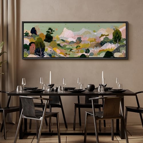 Image of MUDECOR Large Framed Canvas Print Wall Art Colorful Abstract Landscape with Trees Contemporary Antique Retro Ready to Hang Painting for Living Room Bedroom Multi-Sizes - 60 inchx20 inch