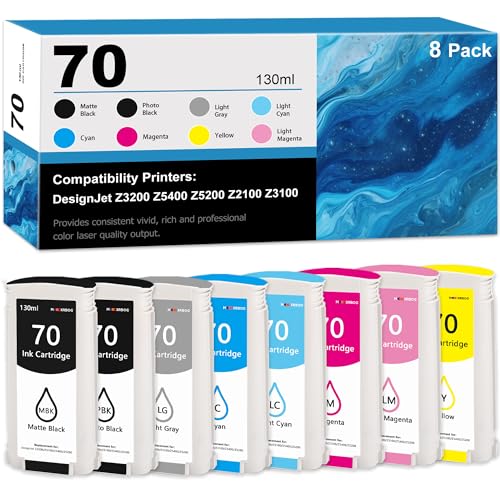 Mooxrbog 70 Ink Cartridges 130ml Replacement for HP 70 Ink Compatible for DesignJet Z5400 Z5200 Z3200 Z3100 Z2100 8-Pack (MBK/PBK/LG/C/M/Y/LC/LM)