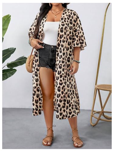 OYOANGLE Women's Plus Size Beach Cover Ups Leopard Print Open Front Long Kimono Cardigan Swimwear2