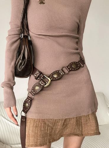 Vintage Concho Western Belt – Brown PU Leather with Brass Studs & Rings, Adjustable Boho Waist Accessory for Women2