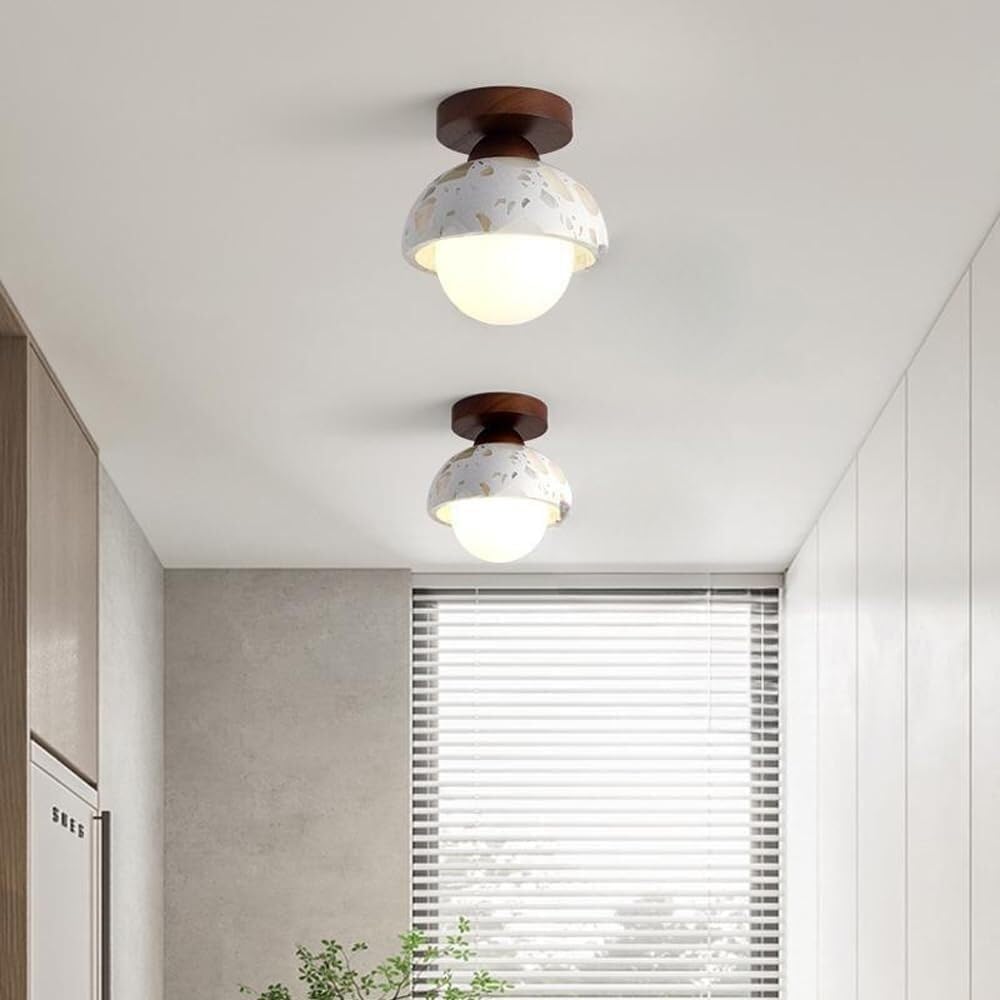 Nordic Wabi Sabi Style Ceiling Light, LED 5W Modern Terrazzo Semi Flush Mount Ceiling Lamp, Wood Accent Close to Ceiling Lighting Fixture, for Hallway, Entryway, Balcony(Natural Wood Color(A))
