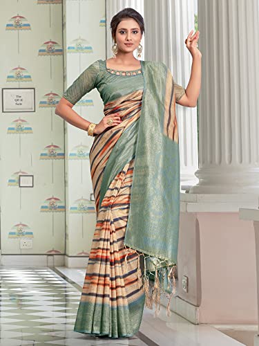 Image of AKHILAM Women's Abstract Linen Tassels and Latkans Saree With Unstitched Blouse Piece (NITRA101 HS Parent)