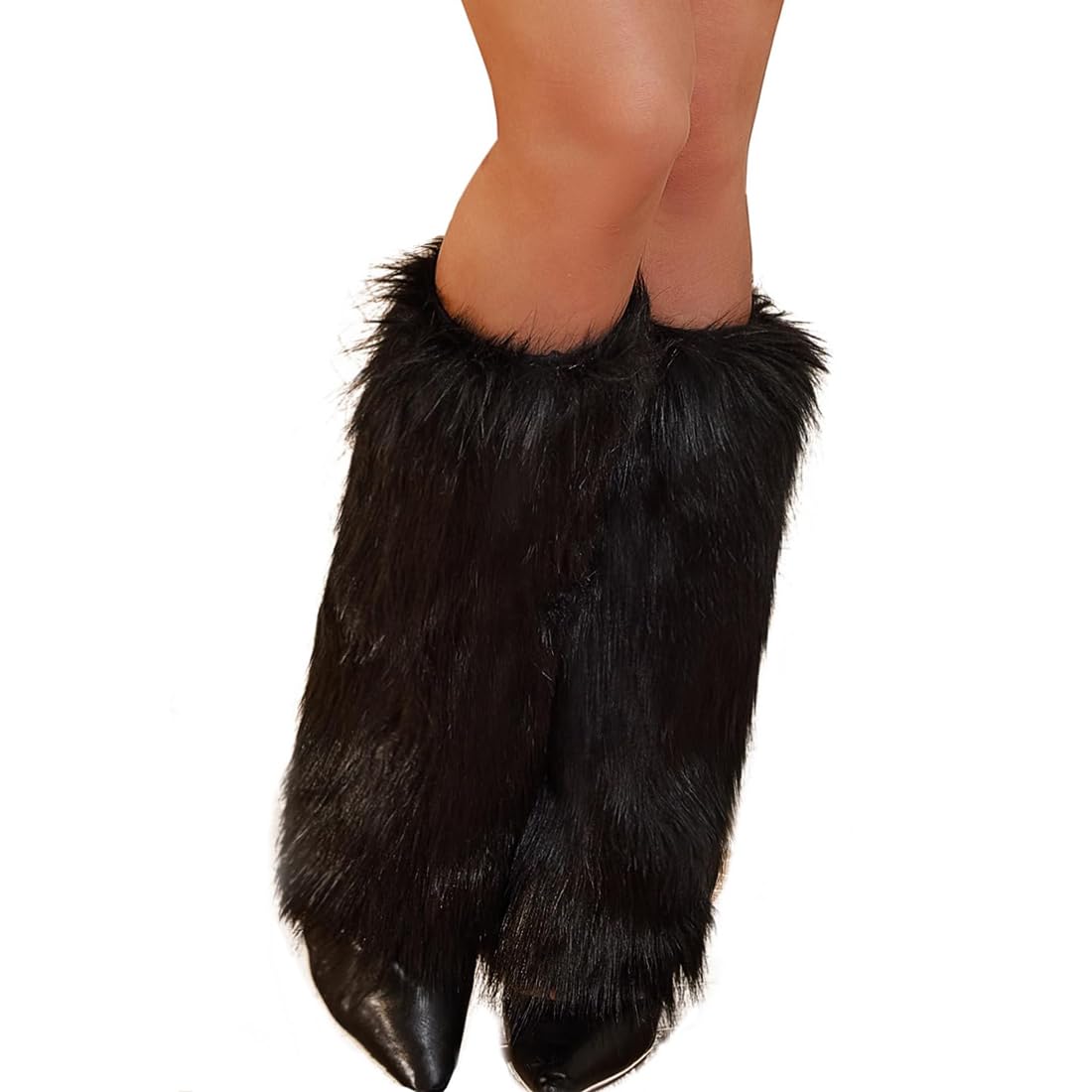 Guêtres femme,Anneaux de jambe Jambières en peluche, Jambières en fourrure pour femmes, Poignets longs, Jambières d'hiver pour femmes (Noir 45CM)