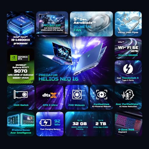 Image of Acer Predator Helios Neo 16, Intel Core i9-14900HX, NVIDIA GeF RTX 5070-12GB GDDR7, 16GB DDR5 / 1TB SSD, 16 inch /40.6cm WQXGA IPS, 180Hz /92Whr, Win 11H, Abyss Black, 2.5Kg, PHN16-I31, RGB KB, Gaming Laptop