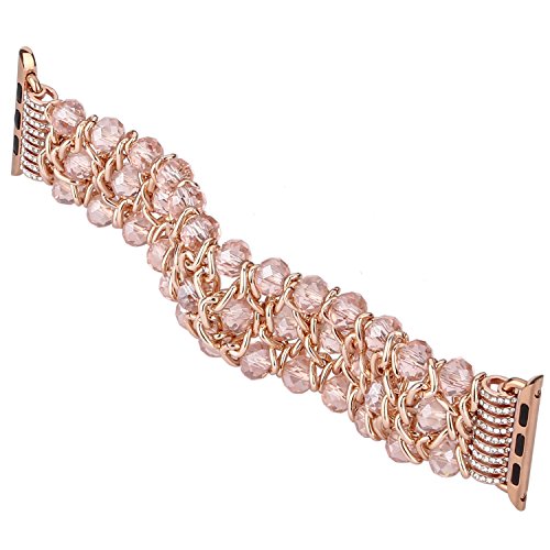 Glitter Beaded Bracelet Compatible For Apple Watch Bling Band,Fohuas Crystal Beads Pearl Bangle For Iphone Watch Series Ultra 8 7 6 5 4 3 2 1 Metal Chain Elastic Stretch Jewelry Bangle Strap For Women Girl Clear Pink Rose Gold (38Mm/40Mm/41Mm) #TOP4