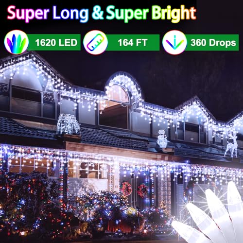 164FT 1620 LED Outdoor Christmas Lights - 360 Ice Drops, 12 Pro Modes with Timer Memory & Brightness, Waterproof Hanging Ice String Light for Holiday Wedding Garden Fence House Decor (Cool White) by WUXYIYANG - Image 2