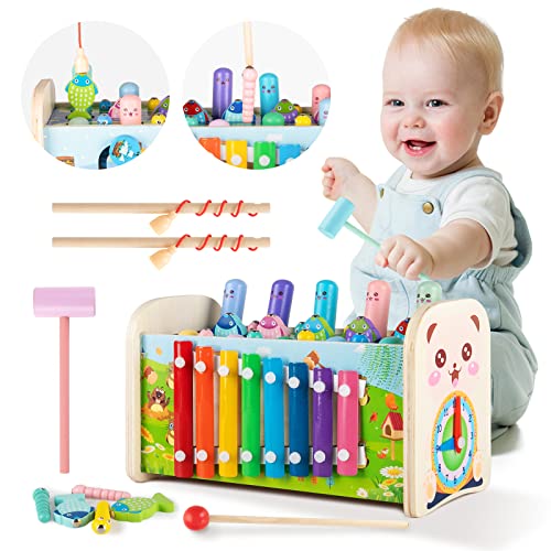Image of Chefic 7 in 1 Toddler Montessori Toys for 3 Year Old Baby Boy Girl, Wooden Educational Baby Toys with Pounding Bench Xylophone Fishing Game, Birthday Gift for 3 Year Old