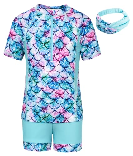 GRACE KARIN Traje de baño para niña de tres piezas, camiseta de manga corta + bañador + diadema, Blue Mermaid, 7 años