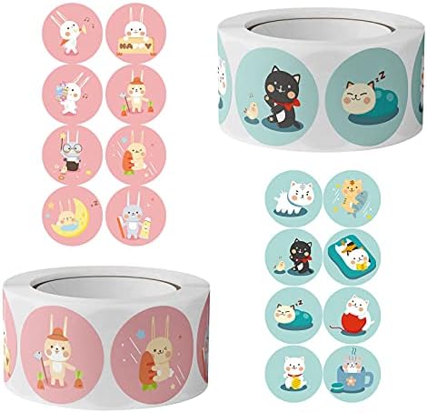 SacJkt Easter Stickers, 1000 Pcs Cartoon Animal Stickers, 2 Rolls Self-Adhesive Cute Reward Stickers for Teachers Children Parents Scrapbooks (Cat Rabbit)