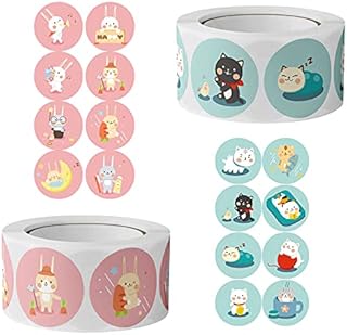SacJkt Easter Stickers, 1000 Pcs Cartoon Animal Stickers, 2 Rolls Self-Adhesive Cute Reward Stickers for Teachers Children Parents Scrapbooks (Cat Rabbit)