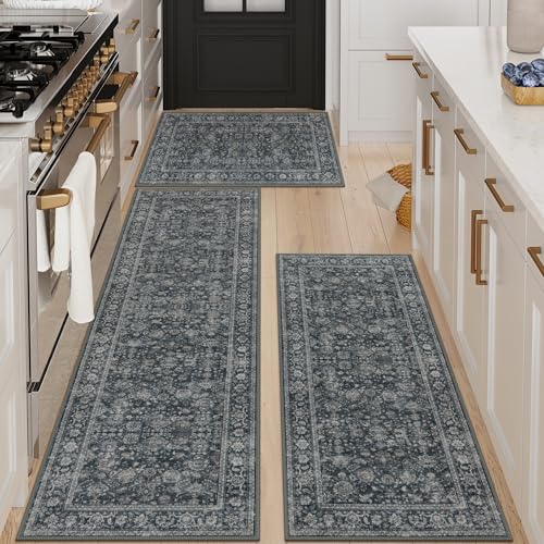 KIMODE Kitchen Rugs Sets of 3,Boho Vintage Kitchen Rugs Non Slip Washable,Grey Blue Long Kitchen Mats for Floor,Non Skid Rugs for Kitchen Floor,Kitchen Runner Rug for Hallways,Laundry,Sink,Office