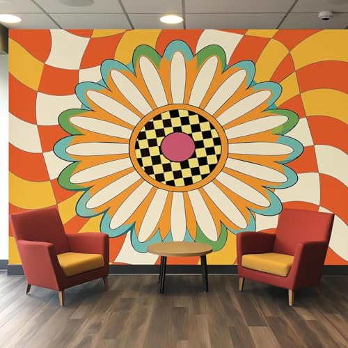 Papier peint intissé fleurs rétro orange chic | Grand décor mural vintage de haute qualité
