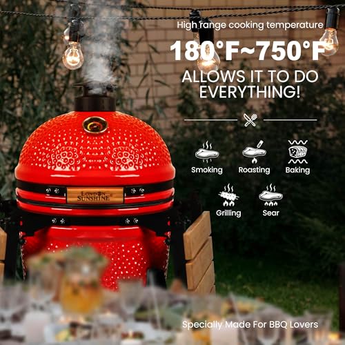 Image of London Sunshine 15-inch Ceramic Kamado Charcoal BBQ Grill & Smoker with Locking Casters, Foldable Side Shelves, Stainless Steel Grates, and Tall Stand (Red)
