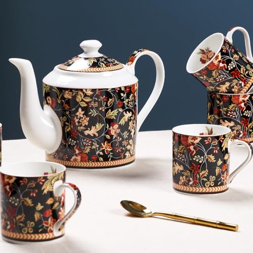 Image of GOLDEN QUEEN'S Handcrafted Bone China Tea Set - 6 Cups & 1 Kettle (1.8L) | Ideal for Everyday Tea & Coffee, Hosting Tea Service with Friends & Family - Enchanted Night Garden