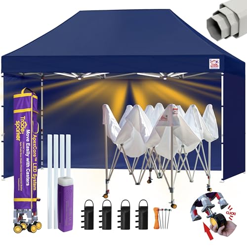 Image of Tradesparker 10x15 Pop Up Tent with Sidewalls,Commercial Movable Canopy ApexCore LED & Rugged Casters-Instant Easy Setup Shelter Canopies,Weight Bags&Stakes for Outdoor Events(Navy Blue)