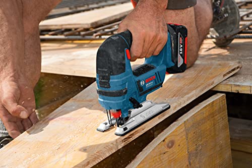 Bosch Professional 18V System Akku Stichsäge GST 18V-LI S (Schnitttiefe in Holz/Alu/Metall: 120/20/8 mm, inkl. 2x 4.0Ah Akku + Ladegerät, 3x Sägeblätter für Holz, Abdeckhaube, Einlage, L-BOXX)