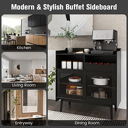 TANGZON Storage Cabinet, Kitchen Sideboard with Wine Rack/Drawer, Glass Doors & Adjustable Shelves, Wooden Buffet Cupboard for Dining Room, Living Room or Hallway (with Wine Rack, Sliding Doors, 90x40x92cm) - Image 8