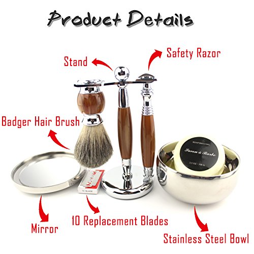 VICYUNS Luxury Grooming Shaving Set for Men Including Double-sided Razor, Allergy Shaving Soap, Stainless Steel, Hair Shaving Brush,10 Replacement Blades (Agate Color)