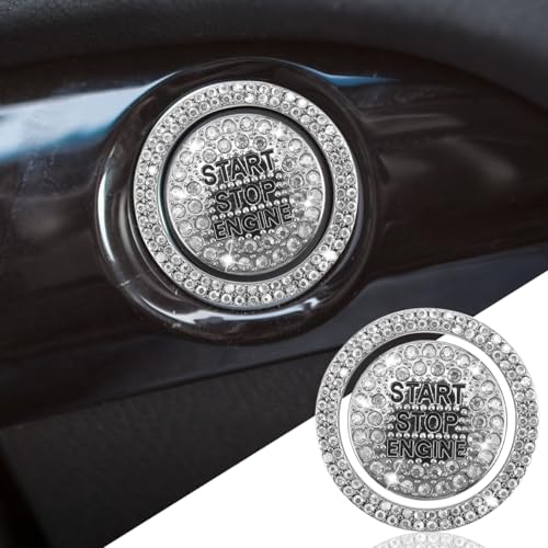 Image of Bling Crystal Car Engine Start Ring Sticker, Sparkling Rhinestone Push Start Button Decorative Cover, Anti-Scratch Key Ignition & Knob Bling Ring Car Interior Accessories for Women (White)