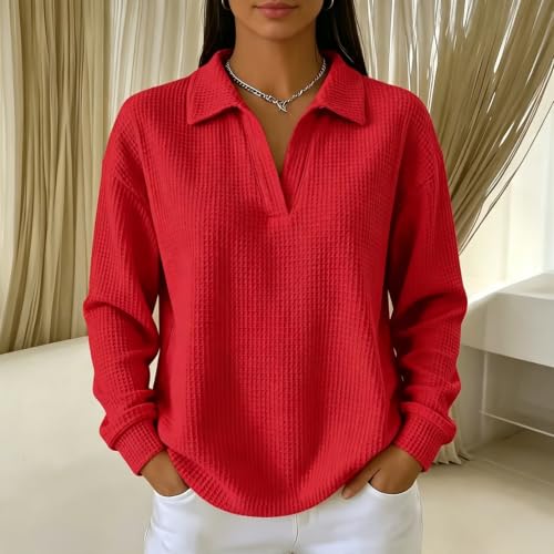 Long Sleeve Shirt for Women Waffle Knit Collared V Neck Polo Shirts - image 4