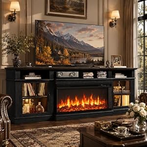 80″ Fireplace TV Stand for TVs up to 90″, Farmhouse Entertainment Center with LED Lights & Glass Doors, Black