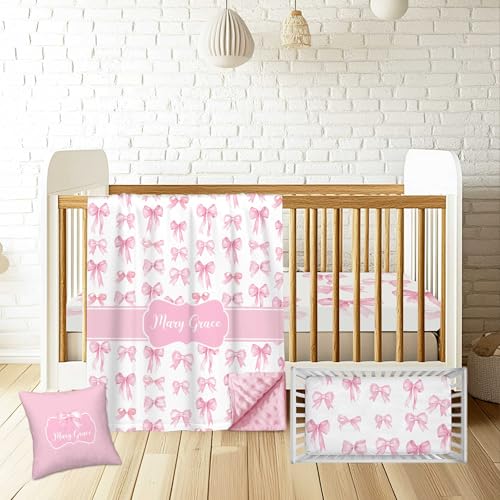 Munific Personalized Baby Crib Bedding Set for Baby Girls – Custom Name 3 Piece Nursery Crib Set with Minky Dotted Blanket, Fitted Sheet & Pillowcase, Bow Pink Bedding for Newborns Toddlers