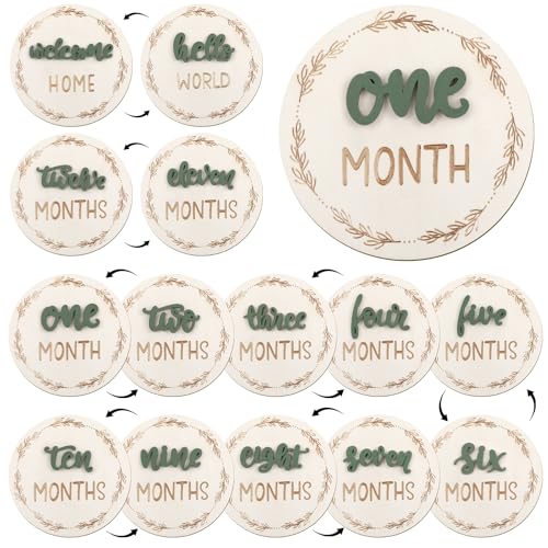Image of 7 Pack Baby Monthly Milestone Cards Sign, Double Sided Baby Milestone Signs Wooden Marker Discs for 1-12 Months Baby Milestone Pictures Baby Shower Gifts