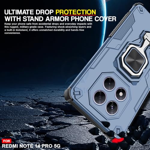 Image of AESTMO Armor Back Cover for Redmi Note 14 Pro /Poco X7 5G | Ring Holder & Kickstand & Camera Protection in-Built | 360 Degree Protection Back Case Cover (Blue)