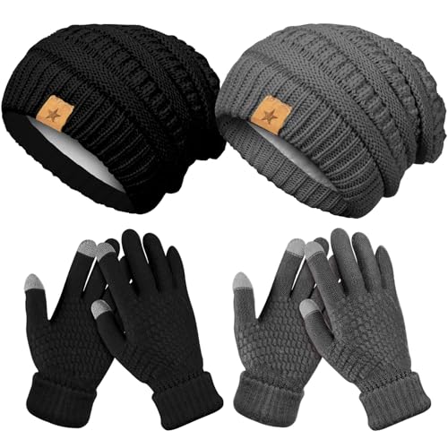 Lot de 4 gants et bonnet d'hiver pour femme tactiles tricotés avec moufles chaudes anti-froid