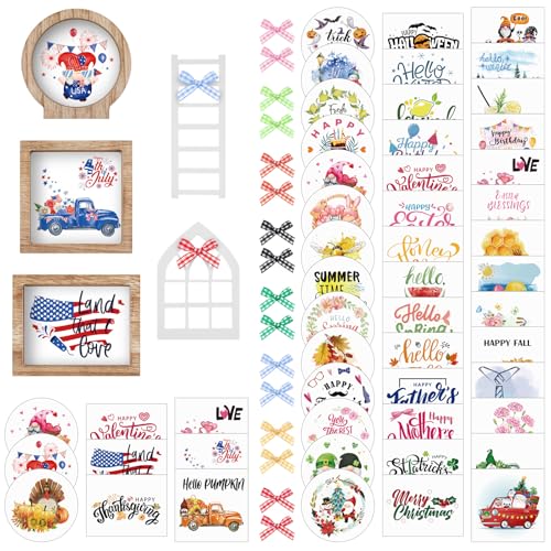 48 Pcs Interchangeable Seasonal Tiered Tray Decor Set Farmhouse Patriotic Summer Tiered Decoration Include Wood Frames with Ladders Card Bow Knot Tray Not Included(Fresh Color,Year Round Seasonal)