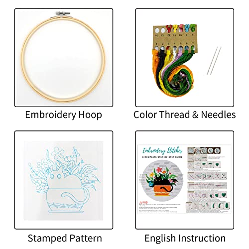 Image of Louise Maelys Black Cat Embroidery Kit for Beginners Botanical Craft | Cross Stitch Kits Include Pre-Printed Fabric, Embroidery Hoop, Threads, Needles and Guide. Needlepoint Kit for Adults