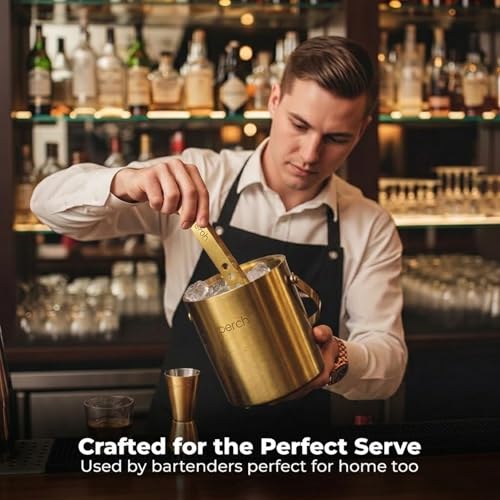 Image of O' Holic by Perch Ice Bucket Trio Stainless Steel - Double Wall Ice Bucket 1.5 Litre with Lid, Ice Tongs & 30 /60 ml Jigger | Insulated Cocktail Barware for Home, Parties & Gifting|Golden