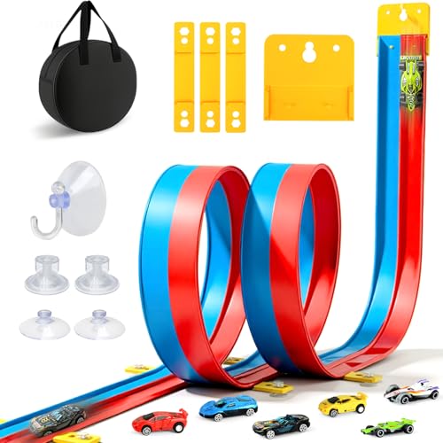 Pista Coches Flexible 5M, Pista de Coches para Niños, Rampas para Coches Incluye 6 Coches, Juguete Regalo para Niño Niñas, Rojo Azul