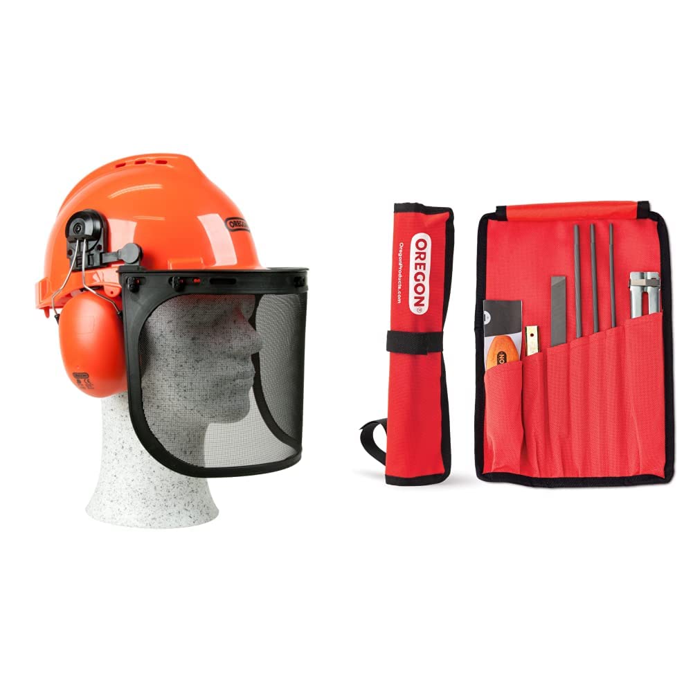 Oregon Yukon Kettensägen-Sicherheitshelm mit Gehörschutz und Netzvisier (562412), Orange & Universal-Kettensägen-Feilensatz, Kettensägen Schärfgerät Wartungssatz für Sicheres Rot – gerollte Tasche