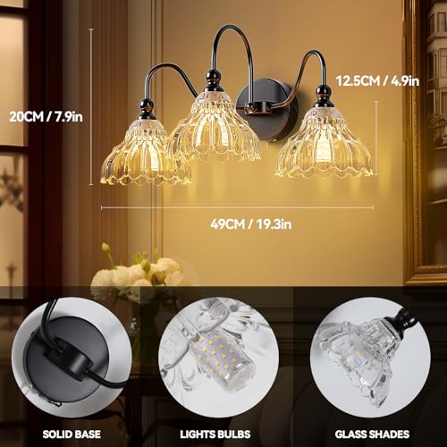 Image of camuucci Battery Bathroom Light Fixtures 10000mAh Rechargeable 3-Light Black Modern Vanity Lights Indoor Not Hardwired with Remote Control Wall Sconce for Mirror Living Room Bedroom(Bulbs Included)