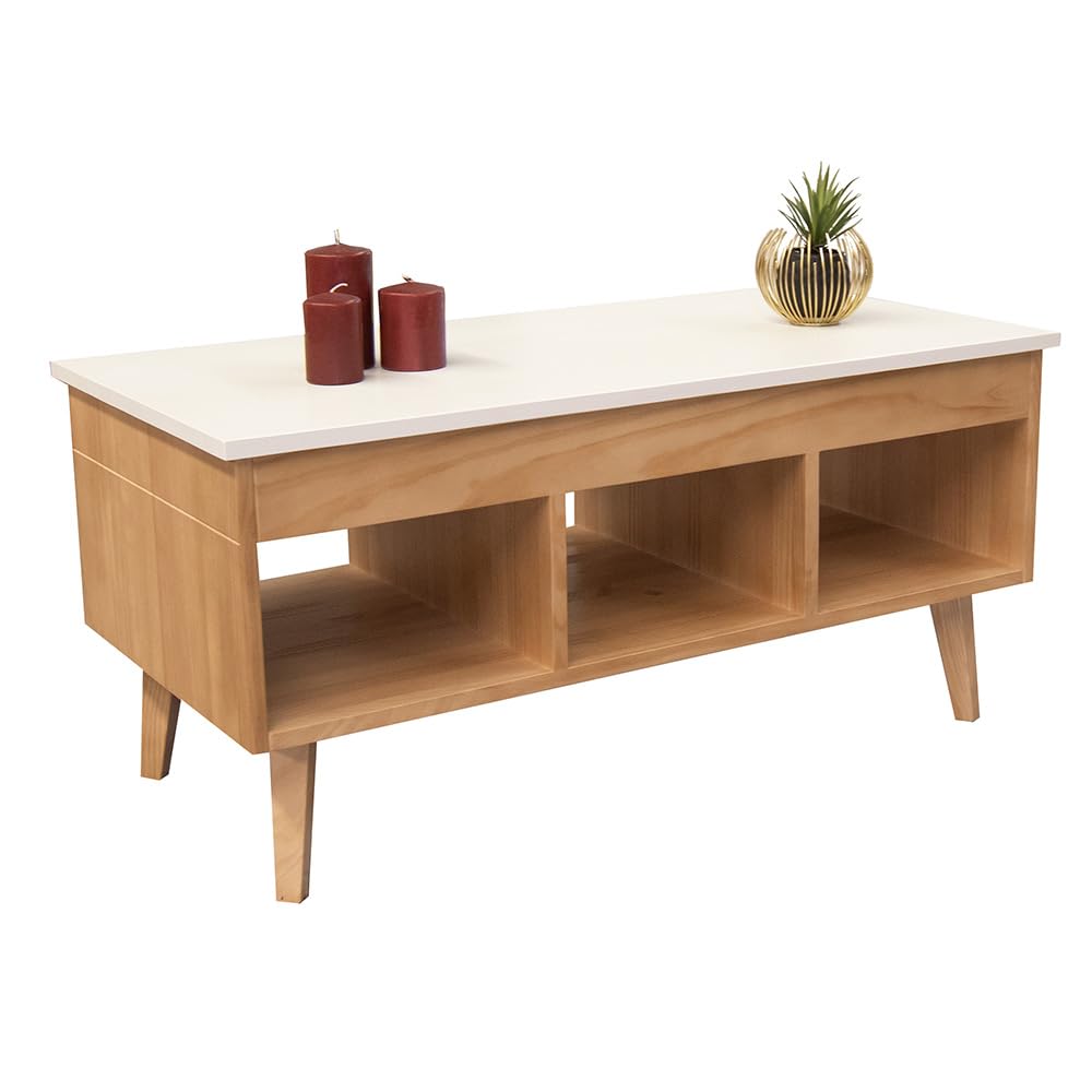 LoMasCasa - Mesa de Centro Salón Elevable Colección Karla 11 en Madera Maciza de Pino Natural Ecológica Estilo Nórdico en Color Madera y Blanca con Tres Huecos y Medidas 100x50x47 cm