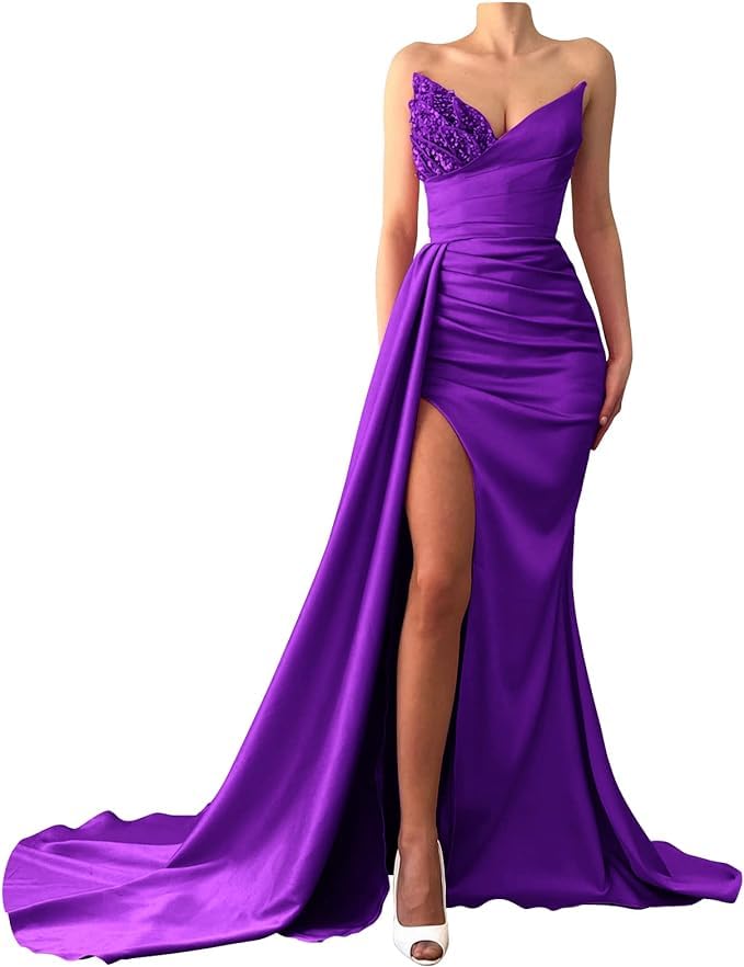 Générique Robes de Bal en Satin Robes de Demoiselle d'honneur sirène sans Bretelles Robe de soirée Longue à Paillettes et Perles Pourpre 10XL