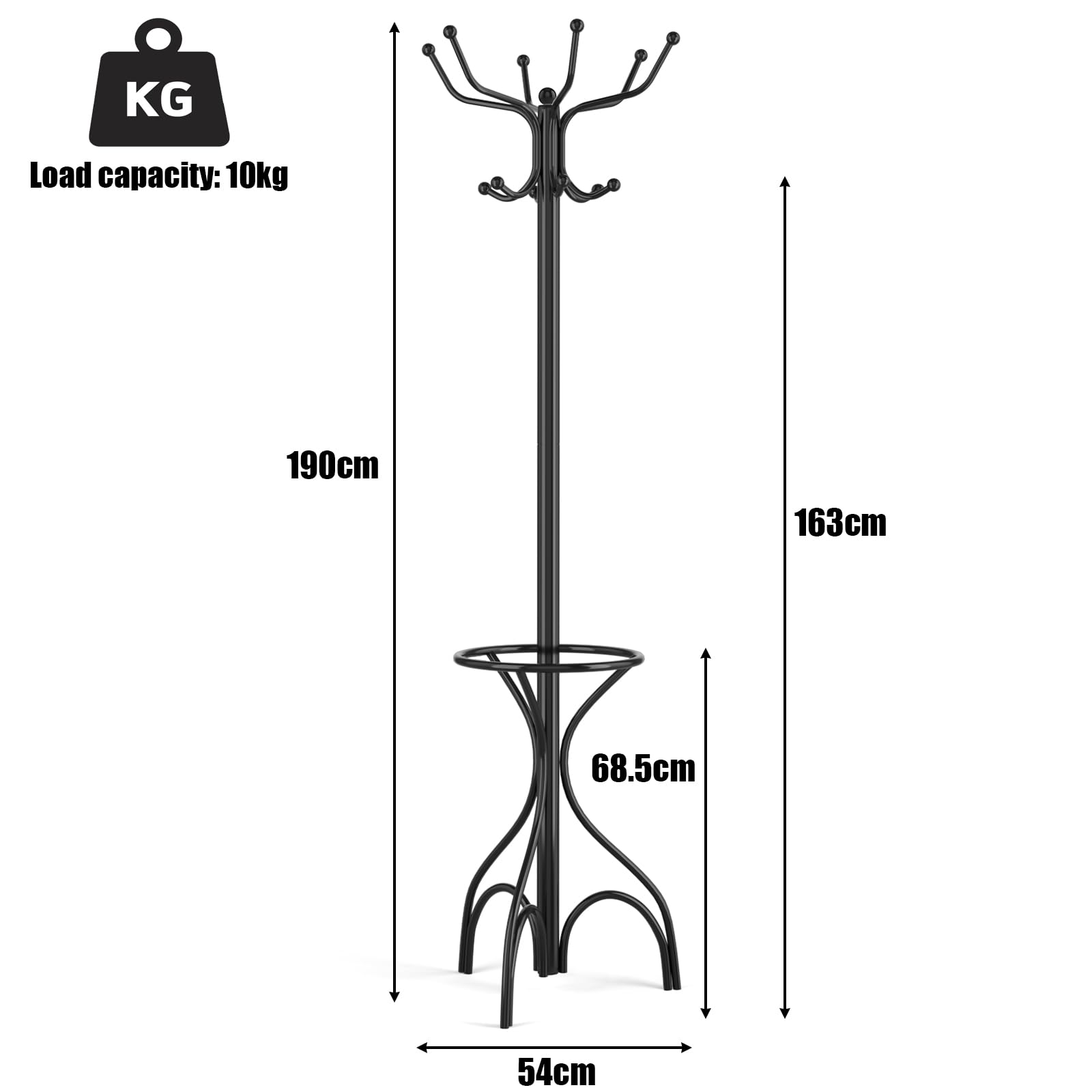 HOMASIS Attaccapanni da Terra in Metallo, Appendiabiti da Terra con 12 Ganci e Portaombrelli, Appendi Abiti, Appendiabiti Salvaspazio per Ingresso, Corridoio, Ufficio, 54 x 190 cm, Nero