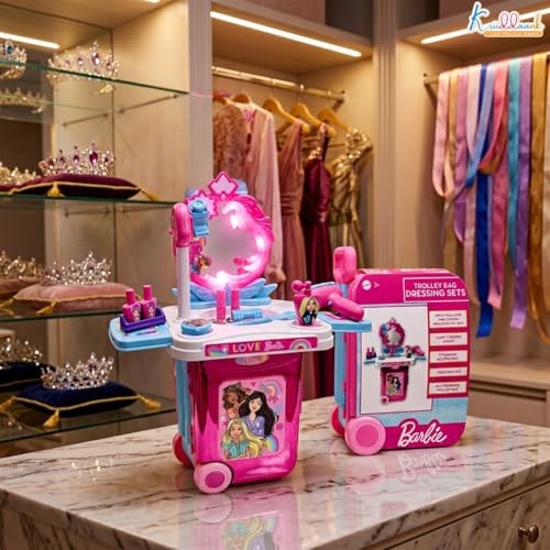 Image of Barbie Trolley Dressing Set for Girls - 18 Pcs Portable Beauty Kit with Lights, Music & Realistic Makeup Accessories - Pretend Play Vanity Set |Birthday Gift for Kids Age 3+ (Pink)