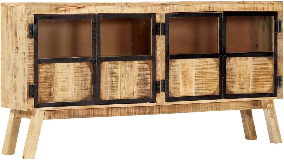 Industrial Style Solid Mango Wood Sideboard with Brown Finish and Black Accents, 63 Inch Length for Ample Storage, Durable Furniture for Living Room or Dining Room