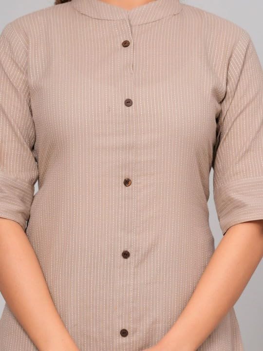 Image of Avayayat Stylish Katha Cotton Co-ord Set For Women - Shirt Style Kurti with Pants, 2peice Kurta With Trouser Casual Wear Brown
