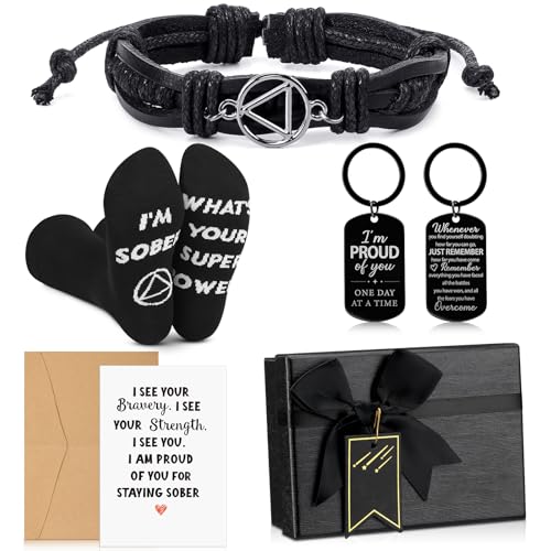 Geyoga 5 Pcs Sobriety Gift for Men Women Addiction Recovery Sober Encouragement Gifts AA Leather Bracelet Socks with Card Box