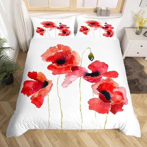 Homemissing Coquelicots Sets de Housse de Couette Aquarelle Fleurs Housse de Couette 200x200cm Nature thème Parure de Lit avec 2 taies d'oreiller Doux...